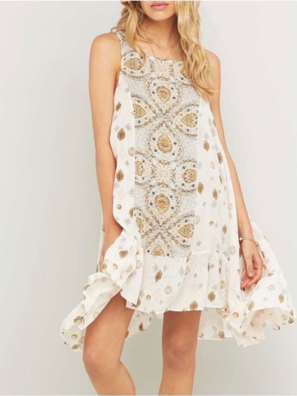 Free People Cream Flowy Oversized Slip Dress with Gold Black Paisley size M
